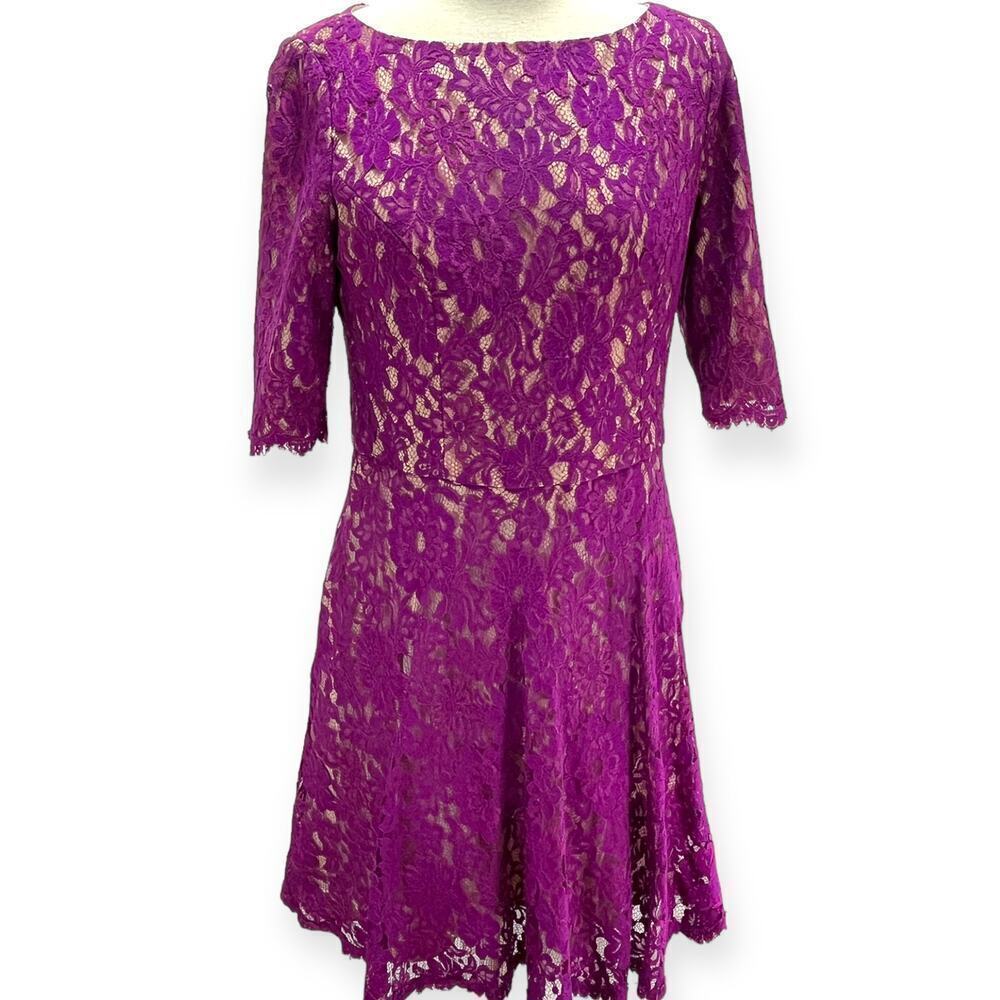 ML Monique Lhuillier Floral Lace Fit & Flare Mini Dress Lined Magenta Women's 14 - Picture 2 of 7